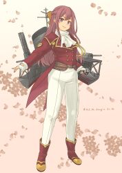  1girl absurdres ascot boots bow buttons commentary_request double-breasted full_body highres jacket kamikaze_(kancolle) kantai_collection long_hair pants petals pot-de purple_hair red_boots red_jacket rigging sakura_taisen smile smokestack solo violet_eyes white_ascot white_pants yellow_bow 