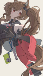  1girl :3 absurdres angelina_(arknights) animal_ear_fluff animal_ears arknights arknights:_endfield black_gloves breasts brown_hair camera coat commentary_request digital_camera dot_nose drawn_heart dress dutch_angle elbow_gloves extra_ears fox_ears fox_girl gilberta_(arknights) gloves grey_dress headpiece high_collar highres long_hair long_sleeves looking_at_viewer medium_breasts off_shoulder open_clothes open_coat ray0 red_coat red_eyes simple_background sleeveless sleeveless_dress solo twintails upper_body white_background wide_sleeves 