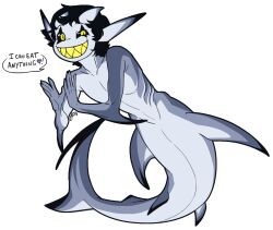  1boy 2019 2d alternate_form aqua_skin black_sclera colored_sclera colored_skin colored_teeth commentary deltarune digital_media english_commentary english_text grey_skin grin horns humanoid imp jevil looking_at_viewer male male_focus male_only merman multicolored_skin nanobanana nude pointy_ears shark shark_boy sharp_teeth simple_background slit_pupils smile solo tail teeth text tongue transparent_background utdr_(toby_fox) yellow_eyes yellow_teeth 