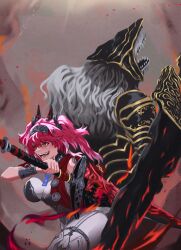  1boy 1girl absurdres armor back-to-back black_bow bodysuit bow breastplate breasts commentary elden_ring english_commentary furry furry_male greatsword grey_hair hair_bow hairband highres holding holding_sword holding_weapon large_breasts long_hair lupa_(wuthering_waves) maliketh_the_black_blade metal_hairband multiple_hair_bows open_mouth pink_hair red_pupils roaring smile sword vessel4rt weapon white_bodysuit wrist_guards wuthering_waves yellow_eyes 