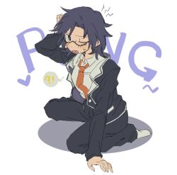  1girl black_jacket black_pants blue_eyes blue_hair chaos;child chirp_co2 commentary_request genderswap genderswap_(mtf) glasses jacket medium_hair miyashiro_takuru necktie one_eye_closed open_clothes open_jacket pants red_necktie science_adventure shirt sitting solo wariza white_glasses white_shirt 