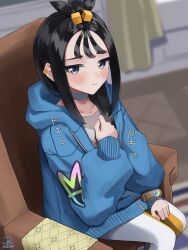  1girl absurdres black_hair blue_hoodie blurry blurry_background blush bracelet chair choker closed_mouth collarbone commentary_request cube_hair_ornament earclip grey_eyes hair_ornament hand_up highres hood hood_down hoodie indoors jewelry leggings lida_(pokemon) long_hair long_sleeves narita_fuyu pokemon pokemon_legends:_z-a shirt sidelocks signature sitting solo topknot white_leggings 