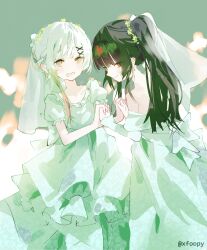  2girls bare_shoulders black_hair blush bridal_veil bride collarbone dress flower foopy gloves green_eyes green_hair hair_between_eyes hair_flower hair_ornament highres holding_hands jewelry long_hair looking_at_viewer multicolored_hair multiple_girls open_mouth original ribbon smile strapless strapless_dress veil wedding_dress white_dress yuri 