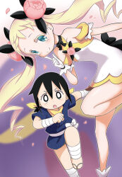  1boy 1girl amae_(amaete_kibishi) amaete_kibishi arm_wrap back_bow bandana black_bow black_eyes black_hair black_kimono blonde_hair blue_eyes bow cherry_blossoms colored_eyelashes dress dress_flower falling_petals finger_to_cheek flower gloves hair_between_eyes hair_flower hair_ornament japanese_clothes kibishi_(amaete_kibishi) kimono leaning_forward leg_wrap long_hair looking_at_viewer looking_to_the_side magical_girl ninja official_art open_mouth petals pink_flower pink_petals pink_rose rose sandals sash short_kimono standing standing_on_one_leg very_long_hair white_bow white_dress white_gloves white_sash yellow_bandana yuuki_shin'ichi 
