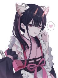  1boy animal_ears black_hair cho_kaguya-hime! commentary_request half-heart_hands highres horns japanese_clothes komazawa_noi male_focus multicolored_hair nlh_00 pink_eyes pink_hair pink_horns simple_background tail tiger_ears tiger_tail tongue tongue_out trap two-tone_hair white_background 