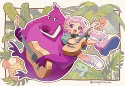  1girl blue_eyes blush commentary_request crab creature food fruit full_body grin guitar highres holding holding_guitar holding_instrument instrument livly livly_island long_hair long_sleeves monyorun music ogre_(livly_island) open_mouth palm_tree pineapple player_character_(livly_island) playing_instrument purple_fur shoes smile sneakers tree twitter_username violet_eyes 