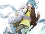  blue_eyes blue_hair fubuki_shirou hair_over_one_eye hug inazuma_eleven inazuma_eleven_(series) izumi_(nagashi) jacket kazemaru_ichirouta long_hair male multiple_boys scarf short_hair wink 