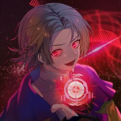  1other :d absurdres black_gloves bloom blunt_sidelocks braid clothing_cutout coat commentary_request curtained_hair dark_persona dashed_eyes double_helix evil_smile floating_hair furrowed_brow gloves glowing glowing_eyes glowing_object gnosia gradient_hair green_coat green_hair grey_shirt half_up_braid hand_up highres index_finger_raised looking_at_viewer multicolored_coat multicolored_hair object_floating_above_hand open_mouth other_focus parted_bangs partially_fingerless_gloves red_eyes red_theme shirt short_hair sidelocks silver_key_(gnosia) smile solo spoilers star_(sky) starry_sky_background teeth turtleneck turtleneck_shirt upper_body upper_teeth_only variant_set wide-eyed xiongji_z_z yuri_(gnosia) 