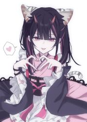  1boy animal_ears black_hair cho_kaguya-hime! commentary_request heart heart_hands highres horns japanese_clothes komazawa_noi male_focus multicolored_hair nlh_00 pink_eyes pink_hair pink_horns simple_background tail tiger_ears tiger_tail tongue tongue_out trap two-tone_hair white_background 