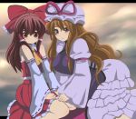  bow brown_eyes brown_hair detached_sleeves hair_bow hakurei_reimu hat inaho long_hair miko purple_eyes touhou violet_eyes yakumo_yukari 