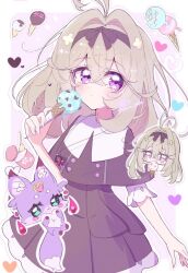  1girl ahoge animal_ears antenna_hair artist_name black_dress black_ribbon blush chibi chocolate collar commentary_request dress fairy food gre_poke green_eyes grey_hair hair_ornament hair_ribbon heart holding holding_food holding_ice_cream holding_ice_cream_cone ice_cream ice_cream_cone jewelry mashu-tan medium_hair meitantei_precure! moria_luluka necklace pet pink_background precure purple_fur ribbon signature spoken_heart tail violet_eyes white_collar 
