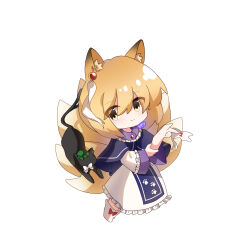  1girl animal_ears animalization artist_name between_fingers blonde_hair blue_capelet blue_tabard boots capelet cat chen chen_(cat) chibi chibi_only commentary_request dress fox_ears fox_tail full_body hat highres holding holding_ofuda kitsune long_sleeves looking_at_viewer medium_hair missing_headwear moyashiou multiple_tails ofuda ofuda_between_fingers simple_background smile tabard tail touhou white_background white_boots white_dress yakumo_ran yellow_eyes 