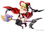  bird blonde_hair bow breasts broom character_request cleavage crow get_amped_2 green_eyes hat nanaca_cs official_art open_mouth shoes smile solo thighhighs w witch_hat 