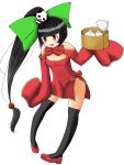  1girl bamboo_steamer bare_shoulders black_hair black_legwear blazblue blush bow breasts china_dress chinese_clothes cleavage food hair_bow hair_ornament highres lao_jiu large_bow litchi_faye_ling long_hair nikuman open_mouth panda ponytail red_eyes ribbon shoes solo thighhighs very_long_hair young 