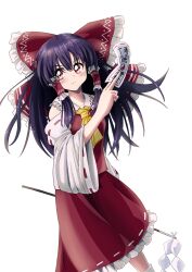  1girl ascot between_fingers bow commentary detached_sleeves frilled_bow frilled_hair_tubes frilled_skirt frills gohei hair_bow hair_tubes hakurei_reimu highres holding holding_gohei holding_ofuda long_hair ofuda ofuda_between_fingers qhon_(9pon) red_bow red_eyes red_skirt ribbon-trimmed_skirt ribbon-trimmed_sleeves ribbon_trim simple_background skirt skirt_set solo touhou white_background yellow_ascot 