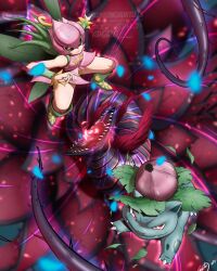  1girl black_rose_dragon boots claws crossover detached_sleeves digimon digimon_(creature) dragon dress duel_monster fairy flower full_body green_boots green_sleeves highres instagram_username ivysaur leaf_wings lilimon looking_at_viewer monster_girl multiple_crossover petals pink_dress plant plant_girl plant_hair pokemon pokemon_(creature) red_eyes red_flower red_rose retrogalit rose sharp_teeth teeth thorns watermark wings yu-gi-oh! 