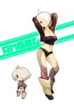  angel_(kof) belt black_panties blue_eyes boots breasts chibi cleavage dual_persona fuchsia hair_over_one_eye hand_on_hip hips jacket king_of_fighters navel no_pants panties short_hair simple_background sleeves_folded_up snk thigh-highs thighhighs tubetop underwear white_hair 