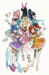  6+girls akihare black_hair blonde_hair blue_dress blue_eyes blue_hair brigitte_(overwatch) bug cat commentary d.va_(overwatch) detached_sleeves dress drill_hair fox gloves highres juno_(overwatch) kiriko_(overwatch) long_hair multiple_girls orange_dress orange_eyes overwatch pink_dress pink_hair ponytail purple_dress purple_shoes red_hair shark shoes short_hair spider thigh-highs untranslatable_commentary white_background white_gloves white_shoes white_thighhighs widowmaker_(overwatch) yellow_eyes 