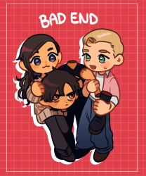  1girl 2boys :3 bad_end black_pantyhose black_shirt blonde_hair blue_pants blush blush_stickers border brown_eyes brown_hair brown_shoes carlos_(kyokugen_dasshutsu) chaie chibi chibi_only closed_mouth commentary dot_nose english_commentary english_text eyelashes green_eyes grid_background highres holding holding_detached_head holding_limb jacket junpei_(kyokugen_dasshutsu) kurashiki_akane kyokugen_dasshutsu long_hair merchandise_available multiple_boys open_clothes open_jacket open_mouth pants pantyhose pink_jacket red_background severed_arm severed_head severed_leg severed_limb shirt shoes short_hair smile spoilers sweatdrop sweater v-neck violet_eyes white_shirt zero_escape:_toki_no_dilemma 