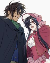  1boy absurdres angry black_hair bonnet bow brown_hair capelet dark-skinned_male dark_skin forbartz_xylo formal_clothes gyozabiglove143 hair_between_eyes highres hood hooded_capelet kivia_patausche long_hair official_alternate_costume official_alternate_hairstyle open_mouth red_bonnet red_capelet red_eyes short_hair shouting simple_background spiky_hair sweatdrop teeth white_background yuushakei_ni_shosu 