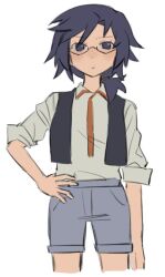  1girl blue_eyes blue_hair blue_shorts casual chaos;child chirp_co2 expressionless genderswap genderswap_(mtf) glasses looking_at_viewer medium_hair miyashiro_takuru open_clothes open_vest ponytail science_adventure shirt shorts simple_background solo vest white_background white_shirt 