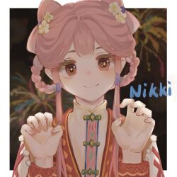  +_+ 1girl aerial_fireworks black_background bling_(infinity_nikki) blunt_bangs border braid braided_hair_rings brown_eyes character_name cherry_blossoms chinese_clothes chinese_new_year claw_pose closed_mouth collared_shirt cross-laced_clothes cross-laced_sleeves double_bun earrings eyelashes fireworks flower hair_bun hair_flower hair_ornament hair_rings hair_tie hair_tubes happy high_collar highres infinity_nikki jewelry light_blush long_sidelocks long_sleeves nail_polish nikki_(nikki) nikki_(series) outside_border pink_hair pink_nails pom_pom_(clothes) puffy_long_sleeves puffy_sleeves red_vest shichu422 shirt short_hair_with_long_locks sidelocks smile solo straight-on symbol-shaped_pupils upper_body vest white_border white_flower white_shirt 