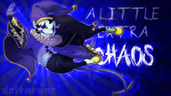  1boy 2019 2d aqua_skin black_cape black_hat black_sclera blue_background cape colored_sclera colored_skin colored_teeth colored_tongue commentary deltarune deviantart_sample digital_media dynamic_pose english_commentary full_body hat humanoid image_sample imp jester jester_cap jester_costume jevil making-of_available male male_focus male_only nanobanana neck_ruff pointy_ears purple_hat purple_tongue sharp_teeth shoes simple_background slit_pupils solo tail teeth tongue tongue_out two-tone_hat utdr_(toby_fox) yellow_eyes yellow_shoes yellow_teeth 