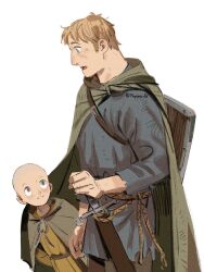  2boys a_knight_of_the_seven_kingdoms a_song_of_ice_and_fire aegon_v_targaryen bald blonde_hair blue_eyes blue_tunic child cloak duncan_the_tall green_cloak grey_cloak height_difference highres holding holding_sword holding_weapon looking_at_another male_focus multiple_boys open_mouth orange_tunic parted_lips prema-ja shield shield_on_back short_hair smile sword tunic twitter_username weapon white_background 