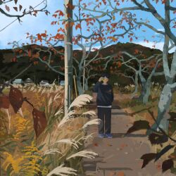  1boy arm_behind_back autumn autumn_leaves black_hair black_pants blue_shoes blue_sky camera commentary_request day haragayowainja highres holding holding_camera landscape leaf long_sleeves mountain original outdoors pants path rural scenery shoes short_hair sky solo susuki_grass taking_picture tree wide_shot 