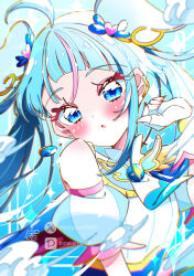  1girl absurdres artist_name blue_cape blue_dress blue_eyes blue_hair blurry brooch cape commentary cure_sky cut_bangs detached_sleeves dress earclip earrings fingerless_gloves gloves hair_ornament head_tilt highres hirogaru_sky!_precure jewelry long_hair looking_at_viewer magical_girl multicolored_hair open_mouth pink_hair pixiv_logo pixiv_username potacure precure puffy_detached_sleeves puffy_sleeves red_cape signature single_earring single_sidelock sleeveless sleeveless_dress solo sora_harewataru streaked_hair twintails twitter_username twitter_x_logo two-sided_cape two-sided_fabric two-tone_dress two-tone_hair upper_body very_long_hair white_dress white_gloves wind wing_brooch wing_hair_ornament 