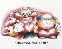  2boys artist_name bald black-tinted_eyewear blue_hat boots brown_boots brown_hair brown_pants child closed_mouth commentary cropped_torso crossover deformed double_chin dr._eggman english_commentary eric_cartman facial_hair frown full_body gloves goggles goggles_on_head grin hand_on_another's_shoulder hand_up hat high-waist_pants highres jacket large_nose long_mustache long_sleeves looking_at_viewer mamono_world multicolored_jacket multiple_boys mustache nose open_mouth painting_(medium) pants red_background red_jacket rimless_eyewear simple_background smile sonic_(series) sonic_the_hedgehog south_park straight-on teeth traditional_media two-tone_hat two-tone_jacket upper_body v-shaped_eyebrows watercolor_(medium) watermark white_background white_gloves white_jacket yellow_gloves yellow_hat 