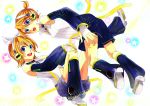  1boy 1girl absurdres blonde_hair blue_eyes brother_and_sister choker detached_sleeves headphones highres kagamine_len kagamine_len_(append) kagamine_rin kagamine_rin_(append) leg_warmers len_append nail_polish navel navel_cutout open_mouth ponytail popped_collar rin_append short_hair shorts siblings star vocaloid vocaloid_append 