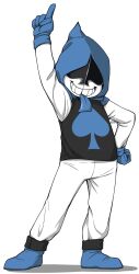  1boy 2019 2d arm_up blue_gloves blue_hood blue_tongue colored_tongue commentary contrapposto creature deltarune digital_media english_commentary full_body gloves hand_on_own_hip hood hood_up humanoid index_finger_raised lancer_(deltarune) long_sleeves male male_focus male_only nanobanana simple_background solo spade_(shape) standing tongue tongue_out transparent_background utdr_(toby_fox) 