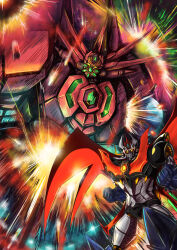  armor clenched_hands commentary_request crossover energy getter_emperor getter_rays getter_robo getter_robo_arc glowing glowing_eyes green_light horns looking_at_viewer mazinger_(series) mazinkaiser mazinkaiser_(robot) mecha mecha_focus mechanical_wings multicolored_armor no_humans pilder red_armor robot science_fiction space super_robot uha123 white_armor wings yellow_armor yellow_eyes yellow_light 