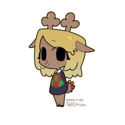  1girl animal_ears antlers artist_name black_eyes black_skirt blonde_hair box brown_fur buck_teeth checkered_sweater_vest chibi chibi_only chinese_commentary commentary_request dated deer_ears deer_girl deer_tail deltarune freckles full_body furry furry_female gift gift_box goofish horns long_hair noelle_holiday red_nose reindeer_antlers simple_background skirt solo standing tail teeth utdr_(toby_fox) white_background 