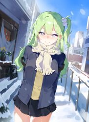  1girl arms_at_sides black_skirt blue_jacket blue_sky brown_scarf brown_sweater closed_mouth commentary_request cowboy_shot day double-parted_bangs dutch_angle green_hair hair_ornament highres jacket korean_commentary long_hair long_sleeves looking_at_viewer mingyeng6572 miniskirt multicolored_eyes one_side_up open_clothes open_jacket outdoors pleated_skirt pom_pom_(clothes) pom_pom_hair_ornament scarf school_uniform skirt sky smile snow solo split_mouth standing stellive sweater two-tone_eyes urban violet_eyes virtual_youtuber winter yuzuha_riko 