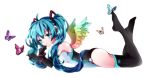  1girl aqua_eyes aqua_hair butterfly character_name elbow_gloves gloves hatsune_miku jj_(ksn2928) leotard long_hair lying on_stomach solo thigh-highs twintails vocaloid white_background wings 