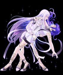  2girls asahina_mafuyu back_ribbon black_background black_nails black_ribbon black_shirt black_shoes black_shorts body_jewelry breasts closed_eyes collared_shirt commentary crystal_hair dancing detached_sleeves dip_(dance_move) earrings english_commentary fingernails floating_hair frilled_shirt_collar frills gem glowing glowing_hair gold gradient_hair gradient_ribbon grey_gem grey_nails grey_ribbon hand_on_another's_back hand_on_another's_hip hand_on_another's_neck high_heels high_ponytail highres jewelry kitten_heels large_breasts long_hair medium_hair multicolored_hair multicolored_nails multiple_girls mutu_(25love) nail_polish necktie official_alternate_costume parted_lips piano_print ponytail profile project_sekai purple_hair ribbon ribbon_shoes shirt shoes shorts small_breasts sparkle standing tearing_up tears two-tone_shirt u_u utakata_ni_idakarete_(project_sekai) very_long_hair white_hair white_necktie white_ribbon white_shirt yoisaki_kanade yuri 