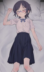  absurdres black_hair blue_bow blue_eyes blue_skirt bow closed_eyes commentary_request glasses hair_ornament hairclip highres looking_at_viewer lying medium_skirt on_back on_bed original petite pillow pleated_skirt ruriri school_uniform shirt short_hair skirt sleeping socks white_shirt white_socks 
