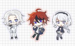  1girl 2boys :d ahoge aotsuki_eito black_gloves black_hairband black_jacket black_pants black_ribbon black_shoes blue_eyes braid bright_pupils chibi chibi_only chinese_commentary commentary_request glasses gloves grey_hair grey_pantyhose grey_skirt grid_background hairband highres jacket kirifuji_nozomi long_hair looking_at_viewer multicolored_hair multiple_boys neck_ribbon open_clothes open_jacket outer_glow outline pants pantyhose red_hair red_pupils revision ribbon semi-rimless_eyewear shirt shoes short_hair skirt smile streaked_hair sumino_takumi the_hundred_line_-last_defense_academy- utopian0726 violet_eyes white_background white_jacket white_outline white_pants white_pupils white_shirt 