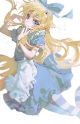  1girl alice_(black_souls) apron black_souls black_souls_2 blonde_hair blue_bow blue_dress bow dress frilled_apron frilled_dress frills hair_bow hair_flaps hands_up highres kilinnnnn1 long_hair looking_at_viewer pantyhose puffy_short_sleeves puffy_sleeves short_sleeves sidelocks simple_background sister_alice_(black_souls) solo striped_clothes striped_pantyhose very_long_hair white_apron white_background 