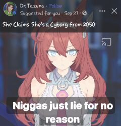  1girl 2girls ahoge animal_ears blue_eyes breasts brown_hair detached_sleeves english_text fake_screenshot hat hayakawa_tazuna highres horse_ears horse_girl large_breasts leotard long_hair makotan_art mihono_bourbon_(mb-19890425)_(umamusume) mihono_bourbon_(umamusume) multiple_girls necktie umamusume upper_body user_interface white_leotard 