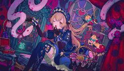  1girl 3others ;o akumu_no_niwa_wo_utai_akashite_(project_sekai) aqua_bow azusawa_kohane black_gloves blonde_hair blue_dress blue_thighhighs bow bow_legwear box brown_hair candy colorful_palette count_pearl_(project_sekai) curtains demon_wings dot_nose dress elbow_gloves facial_mark flower food frilled_dress frilled_sleeves frilled_wrist_cuffs frills game_cg gem gloves hair_brush hairband hamster hand_to_own_mouth hands_up heart highres holding holding_another's_hair holding_candy holding_food holding_hair_brush holding_lollipop layered_dress lolita_hairband lollipop long_hair looking_at_viewer multicolored_wrist_cuffs multiple_others official_alternate_costume official_alternate_hair_length official_alternate_hairstyle official_art one_eye_closed open_box open_mouth pearl_(gemstone) petticoat phenny_(project_sekai) pink_flower pink_rose polka_dot polka_dot_bow project_sekai puffy_short_sleeves puffy_sleeves purple_bow red_gem rose seashell shell short_sleeves sitting snake sparkle_facial_mark thigh-highs third-party_source very_long_hair white_bow white_snake wings wrapped_candy wrist_cuffs 
