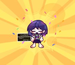  1boy ? alternate_color ball_gag barefoot black_shorts blush checkered_clothes chibi chibi_only closed_eyes commentary confetti english_commentary english_text full_body gag hands_on_own_hips highres kel_(headspace)_(omori) kel_(omori) linglanjunying male_focus omori purple_hair shorts solo tank_top 