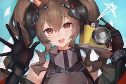  1girl :d absurdres angelina_(arknights) animal_ear_fluff animal_ears arknights arknights:_endfield bare_shoulders blue_background bracelet brown_hair camera close-up coat commentary_request diamond-shaped_pupils diamond_(shape) digital_camera dot_nose dress fox_ears fox_girl gilberta_(arknights) grey_dress hair_between_eyes high_collar highres holding holding_camera infection_monitor_(arknights) jewelry long_hair looking_at_viewer off_shoulder open_clothes open_coat red_coat red_eyes sleeveless sleeveless_dress smile solo symbol-shaped_pupils taking_picture talz twintails upper_body waving 