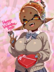  +_+ 1girl alternate_costume blush bow box box_of_chocolates breasts candy cardigan chocolate food frye_(splatoon) happy_valentine heart heart-shaped_chocolate heart-shaped_food highres inkling large_breasts looking_at_viewer multicolored_hair open_mouth pointy_ears school_uniform short_hair skirt solo splatoon_(series) splatoon_3 t2ukmyjm tentacle_hair two-tone_hair valentine yellow_eyes 