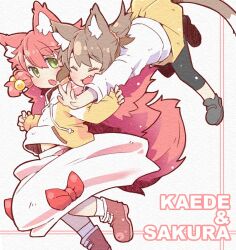  2girls :d :o animal_ear_fluff animal_ears black_leggings black_shoes blush boots brown_hair cat_ears cat_girl cat_tail character_name closed_eyes commentary_request drawstring fang fox_ears fox_girl fox_tail full_body green_eyes hair_between_eyes hair_bobbles hair_ornament highres hood hood_down hoodie leggings long_hair long_sleeves midriff_peek miniskirt multiple_girls nomeoil open_mouth original outstretched_arms pink_hair pleated_skirt red_boots shoes short_hair simple_background skirt smile socks tail two-tone_hoodie white_background white_hoodie white_socks yellow_hoodie yellow_skirt 