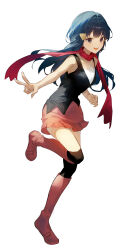  1girl absurdres black_shirt black_thighhighs blue_eyes blue_hair blush boots breasts commentary_request hair_ornament hairclip highres hikari_(pokemon) long_hair looking_at_viewer open_mouth pink_boots pink_skirt pokemon pokemon_dppt red_scarf rice0new scarf shirt simple_background skirt sleeveless smile solo thigh-highs v 
