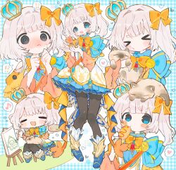  >_< 1girl :3 :d animal_on_head black_pantyhose blue_boots blue_dress blue_eyes blush blush_stickers boots bow bowtie canvas_(object) cat chibi closed_eyes closed_mouth commentary crown dress english_commentary full_body gingham_background hair_bow hair_intakes highres long_hair long_sleeves marimari_(vtuber) mooosikasite multiple_views nose_blush on_head open_mouth orange_bow orange_bowtie pantyhose phase_connect second-party_source smile standing virtual_youtuber white_hair wide_sleeves 