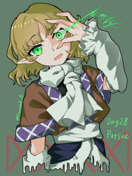  1girl aomurasaki_r arm_warmers black_shirt black_skirt blonde_hair brown_shirt character_name clothing_request commentary eye_trail green_background green_eyes highres light_trail looking_at_viewer medium_hair melting mizuhashi_parsee open_mouth pointy_ears sash scarf shirt skirt solo tagme touhou twitter_username undershirt white_sash white_scarf 